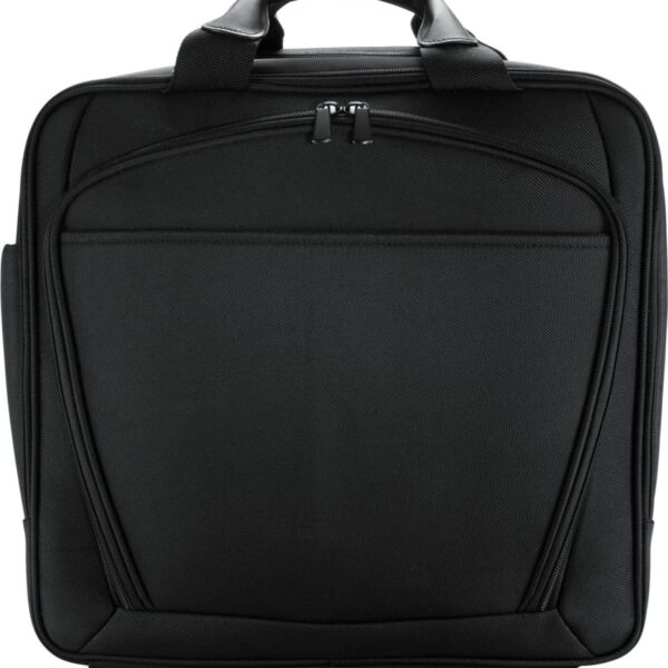 Black rolling briefcase with a zipper pocket on the front, a padded handle on top, and wheels at the base. The design is simple and professional.
