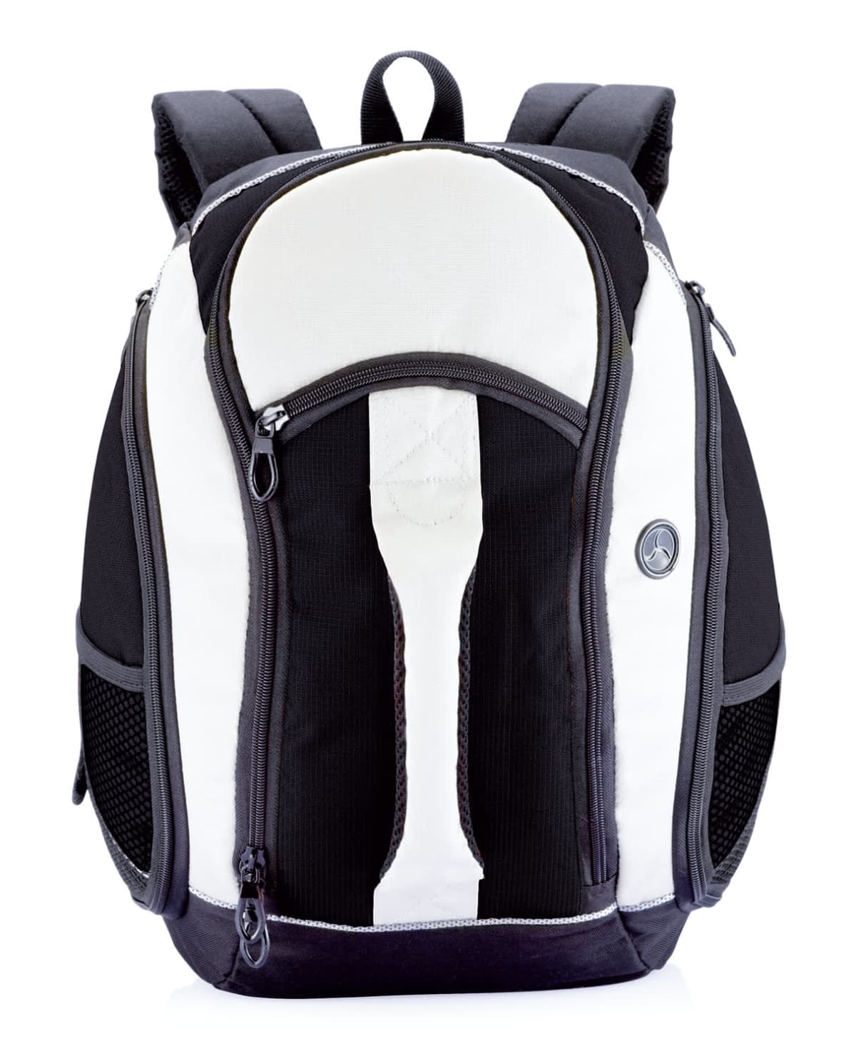 A black and white backpack with multiple compartments and zippers. The design is sleek with padded shoulder straps and a loop handle on top. The front pocket has a circular logo on the right side.