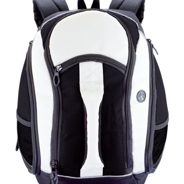 A black and white backpack with multiple pockets and zippers, featuring padded shoulder straps. A round emblem is on the side. The backpack has a sleek, modern design against a white background.