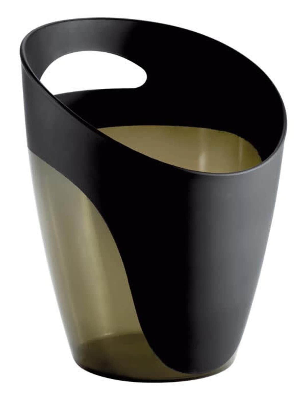 A sleek, modern trash can with a black top and translucent brown body, featuring an oval-shaped opening for easy waste disposal.