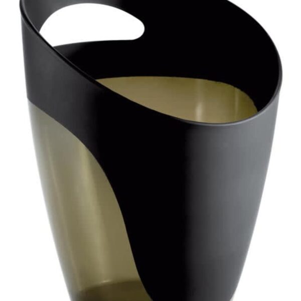A modern, oval-shaped waste bin with a sleek design. The top half is black with an angled rim and a wide handle on one side, while the lower half is made of translucent brown plastic.