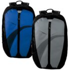 Two modern backpacks are displayed side by side. One backpack is blue with a black curved design, and the other is gray with a slightly darker gray curve. Both have black straps and zippers.