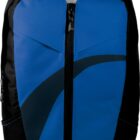 A sleek black and blue backpack with a curved black design on the front. It features adjustable shoulder straps, a top handle, and a front zipper pocket. The backpack has a modern and sporty look.
