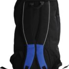 A black backpack with blue accents and straps. It has a handle at the top and two adjustable shoulder straps. The backpack features vertical white piping detail on the front.
