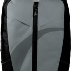 A black and gray backpack with a modern design featuring a curved stripe across the front. It has adjustable shoulder straps and a top handle, with zippered closures.