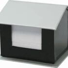 A black and silver metal napkin holder shaped like a small house with a sloped roof. The front of the holder is open, displaying a stack of white napkins.