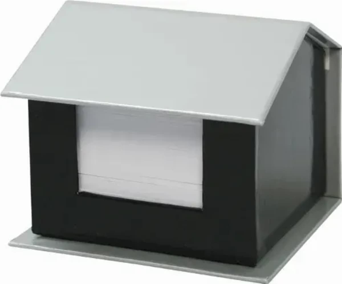 A black and silver metal napkin holder shaped like a small house with a sloped roof. The front of the holder is open, displaying a stack of white napkins.