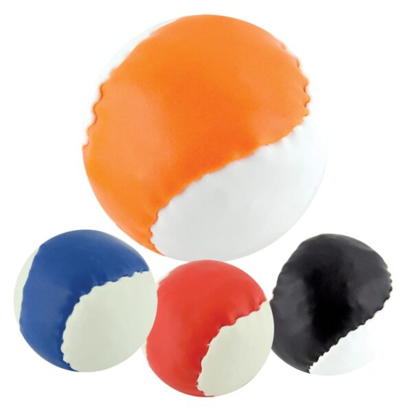 Four bean bags are shown: one large and three smaller. They are orange and white, blue and white, red and white, and black and white, each divided into two colored sections.