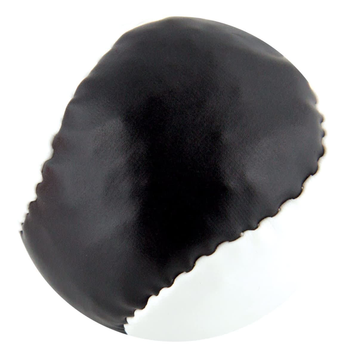 A round, black-and-white beanbag ball with a stitched seam running across its surface, creating two contrasting halves. The texture appears smooth and glossy.
