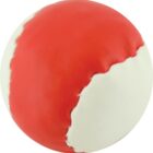 A round object split into two colors, red and white, with a soft, plush texture.