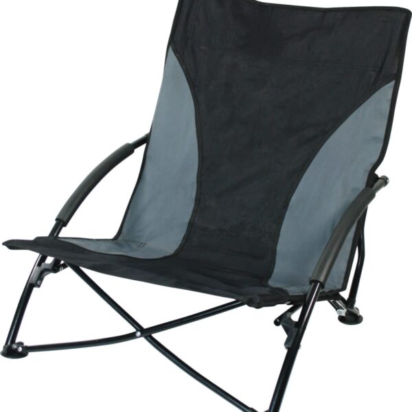 A foldable camping chair with a black and gray fabric seat. The chair features a sturdy black metal frame and armrests, designed for outdoor use. It has a low-to-the-ground seating position.