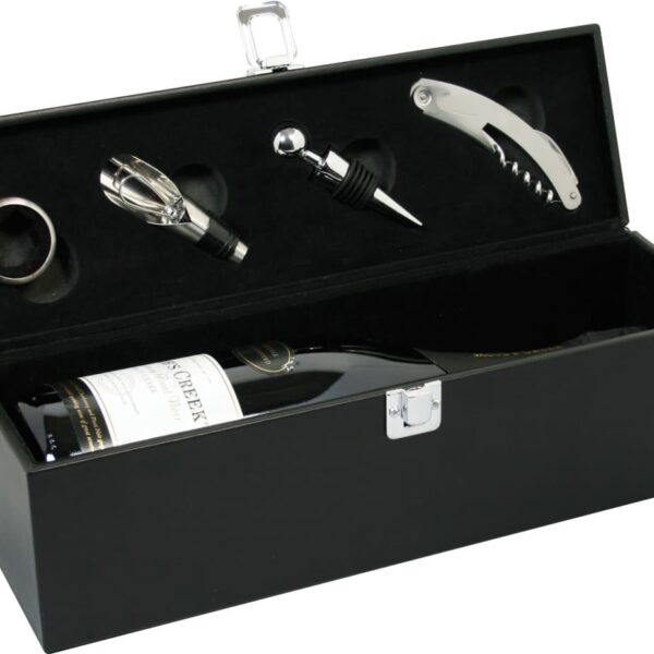 A black wine gift box containing a wine bottle, a corkscrew, a bottle stopper, a pouring spout, and a wine collar, all neatly arranged in designated compartments. The box has a silver latch.