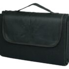 A folded black blanket with a flap cover and a carrying handle on top.