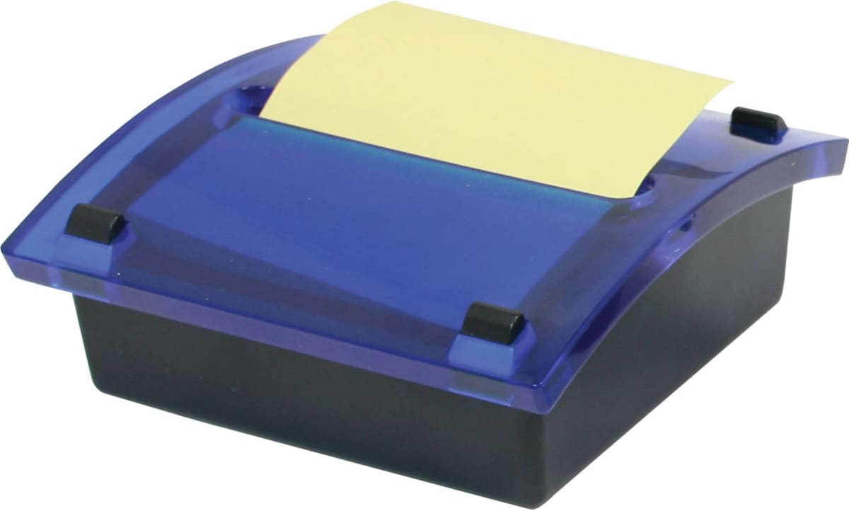 A blue plastic dispenser holding a stack of yellow sticky notes. The dispenser has a curved design with four small black rubber feet at each corner. A single sticky note is partially dispensed and ready for use.