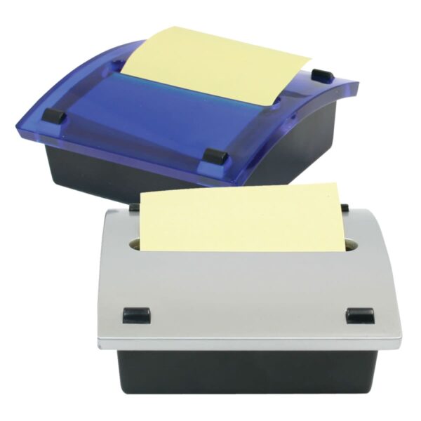 Two rectangular sticky note holders are shown. The front holder is silver with a yellow sticky note partially extended. The back holder is blue with a yellow note as well. Both have black bases and rounded tops.