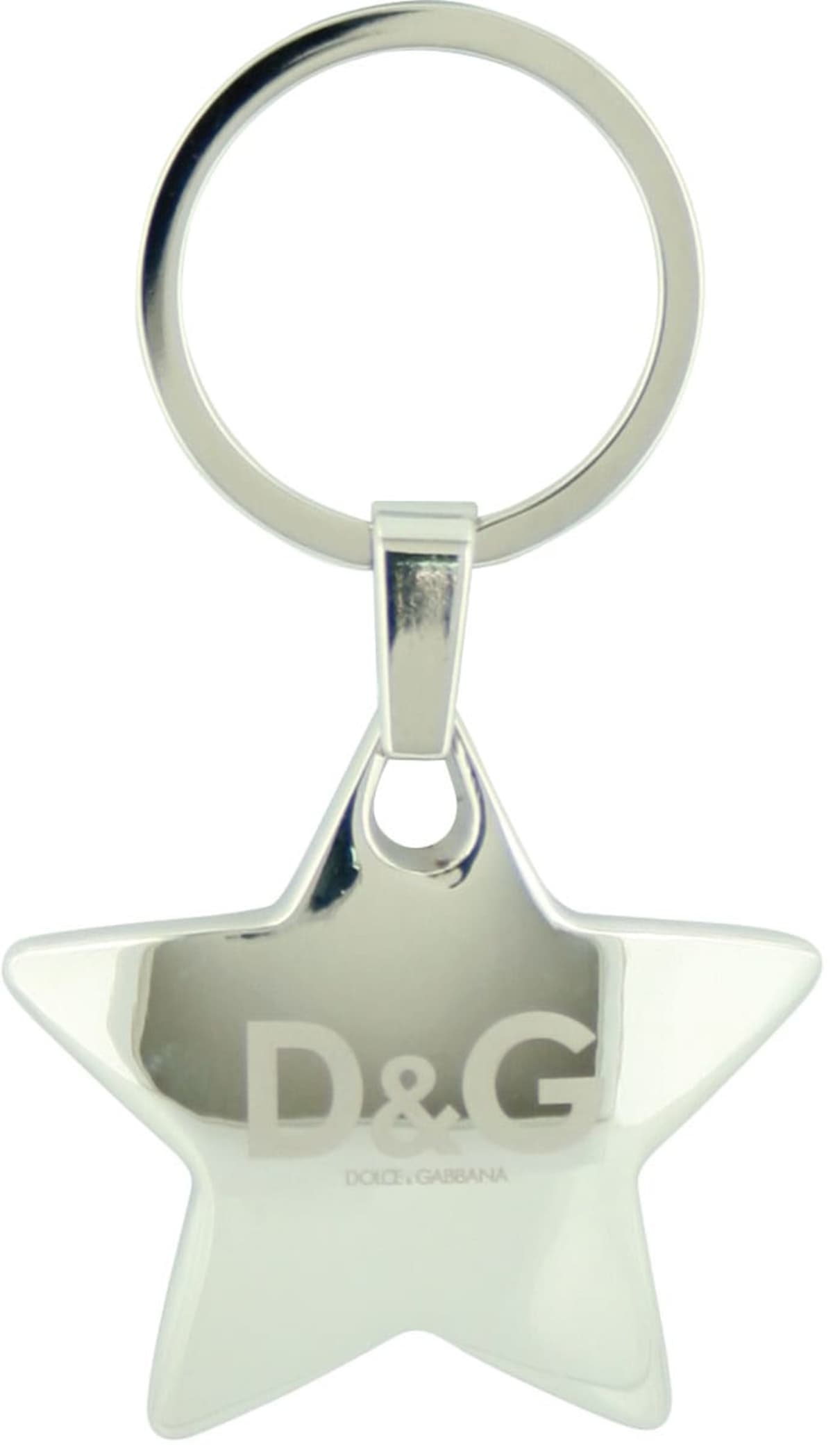 A silver star-shaped keychain with D&G engraved in the center. The brand name Dolce & Gabbana is also inscribed underneath the logo. It is attached to a simple, round metal key ring.
