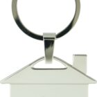 A house-shaped silver keychain with a metal loop, featuring the RE/MAX logo engraved on the front.