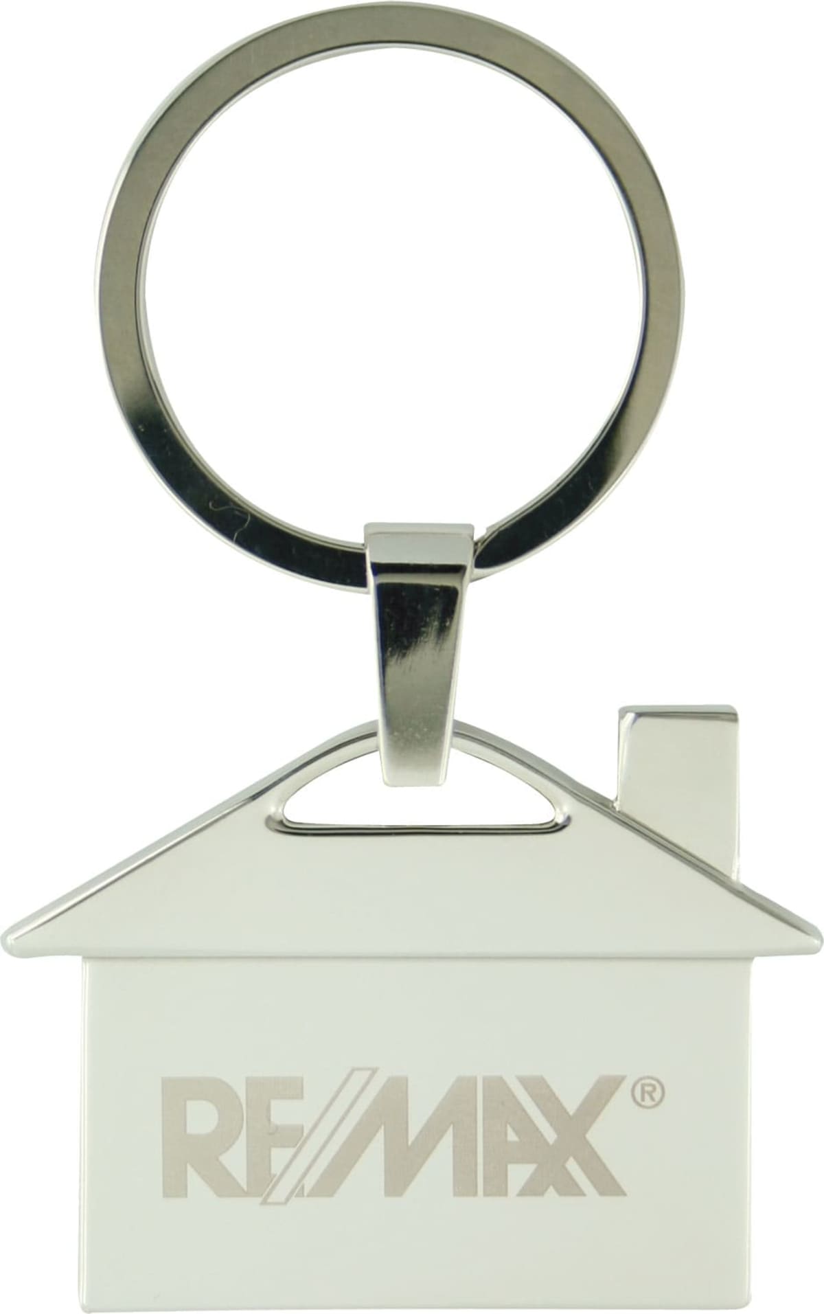 A house-shaped silver keychain with a metal loop, featuring the RE/MAX logo engraved on the front.
