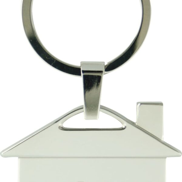 Silver keychain in the shape of a house with the RE/MAX logo engraved on it. The keyring is attached to the roof of the house.