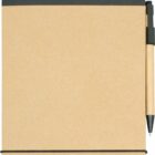 A brown spiral-bound notebook with a black elastic band at the bottom. A pen with a black cap and clip is attached along the side of the notebook. The cover is plain with no visible text or designs.
