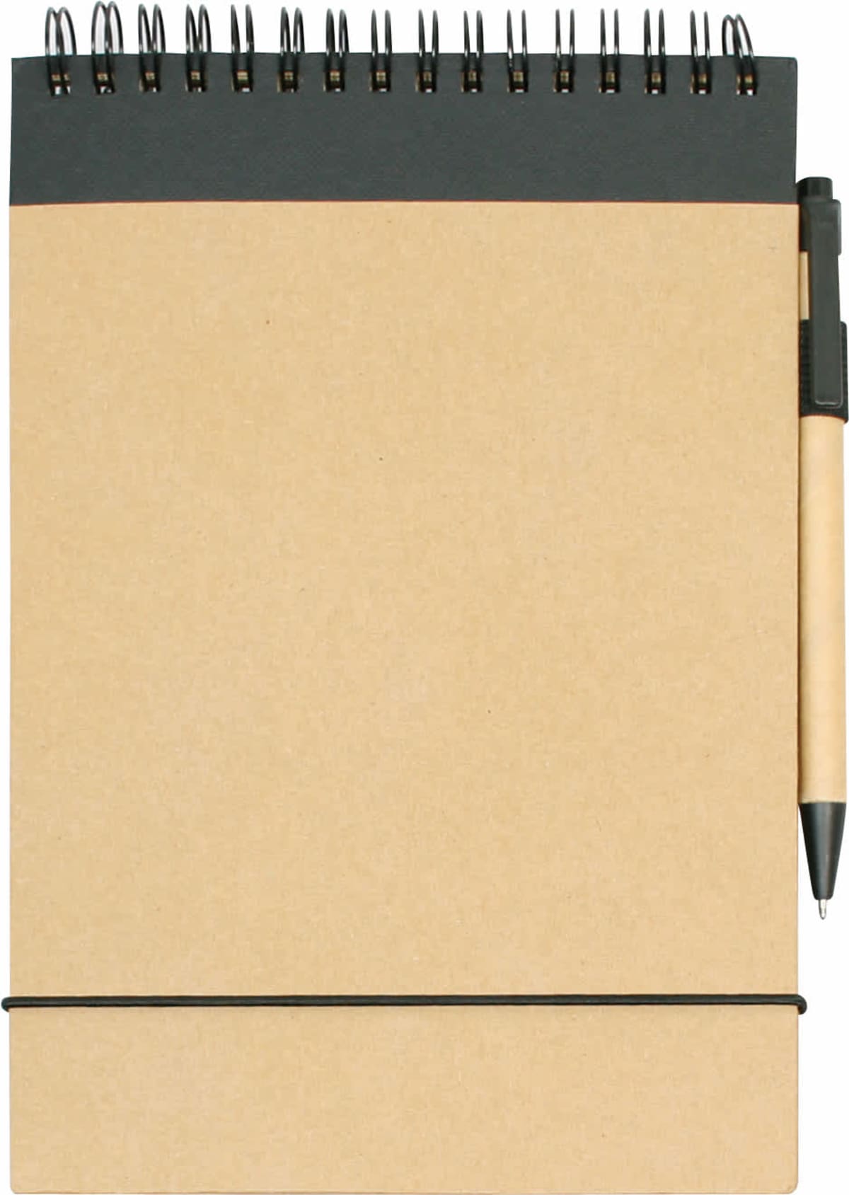 A brown spiral-bound notebook with a black elastic band at the bottom. A pen with a black cap and clip is attached along the side of the notebook. The cover is plain with no visible text or designs.