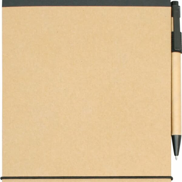 A brown spiral-bound notebook with a black elastic band at the bottom and a black pen attached to its side. The cover is plain and made of cardboard material.