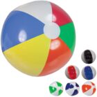 A large, multicolored beach ball with white, blue, yellow, red, and green panels. Smaller versions of the ball in various colors are displayed to the side, including black, red, and orange accents.