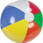 A colorful beach ball with sections in blue, white, red, green, and yellow.