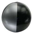 A glossy inflatable beach ball with alternating black and silver vertical panels.