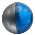 A shiny inflatable beach ball with alternating silver and blue panels. The surface reflects light, giving it a glossy appearance. The blue section is prominent at the front, with the silver section on the left.