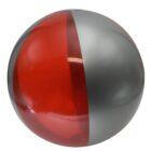 A shiny sphere is divided into two halves: one side is a reflective silver, and the other is a translucent, glossy red. The sphere has a smooth, polished surface.