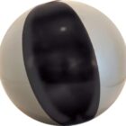 A spherical object with a glossy finish, featuring a stark black stripe running vertically through the center, contrasting against the light gray surface on either side.