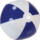 A blue and white striped inflatable beach ball, shown against a white background.