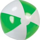 A green and white beach ball with alternating vertical segments. The ball is inflated and shiny, with a visible air valve near the center. The surface reflects light, giving it a glossy appearance.