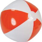 A beach ball with alternating orange and white vertical stripes.