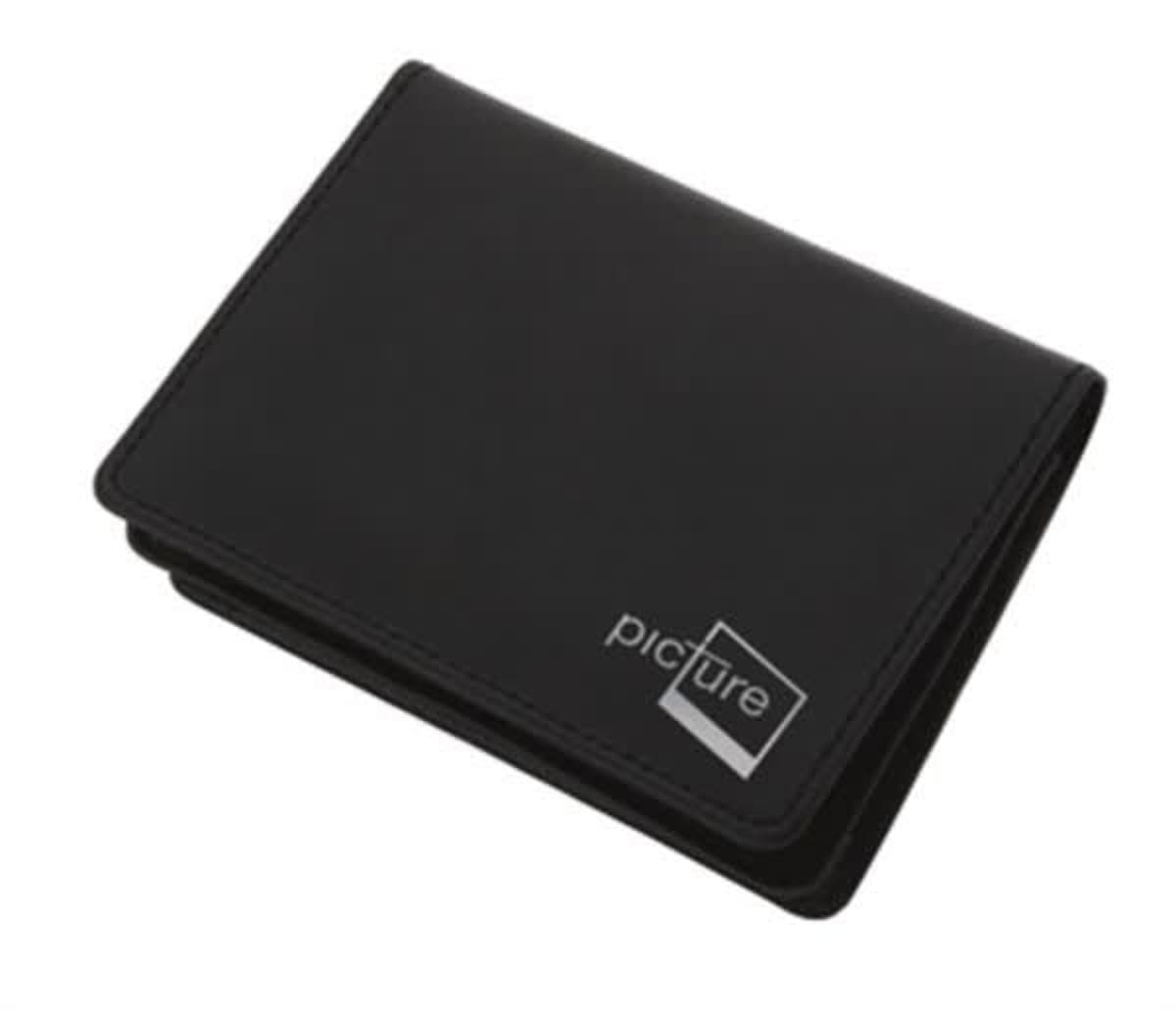 A sleek black wallet with a simple, minimalist design. The word picture is embossed in white on the bottom right corner. The wallet is closed and positioned against a plain white background.