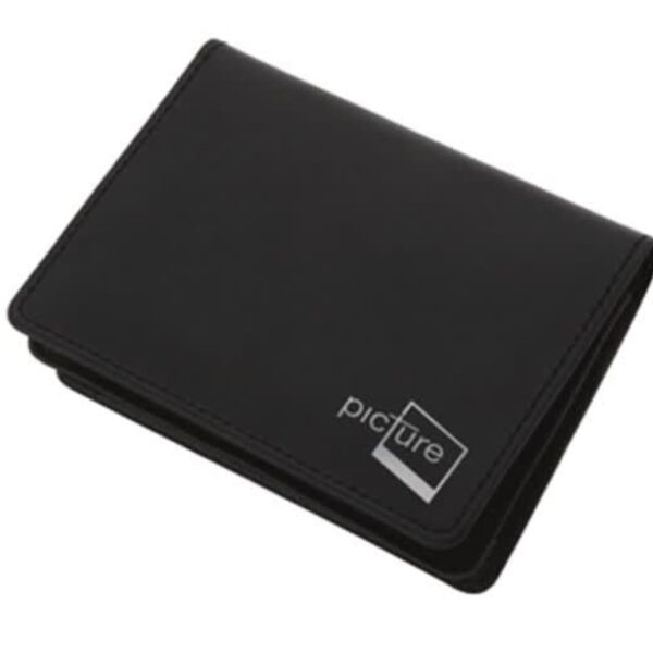 A black wallet with a minimalist design is closed, featuring the word picture in small white text on the bottom right corner.