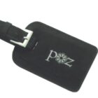 A black luggage tag with a buckle strap. The tag features the letters pOz in white, with the O designed as a flower.