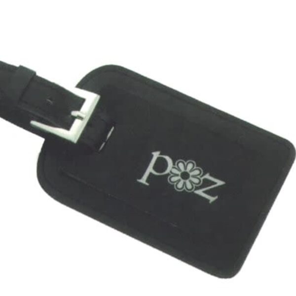 A black luggage tag with a buckle strap. The tag features the letters pOz in white, with the O designed as a flower.