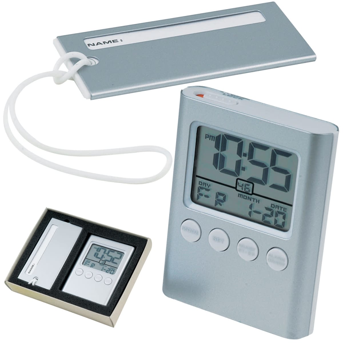 Silver digital luggage scale with a display showing 0:55 and date 1-20. It includes a name tag and is packaged in a black foam-lined box. Features three round buttons below the display.