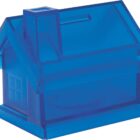 Blue translucent plastic model of a small house with a chimney, slanted roof, and visible window details on one side.