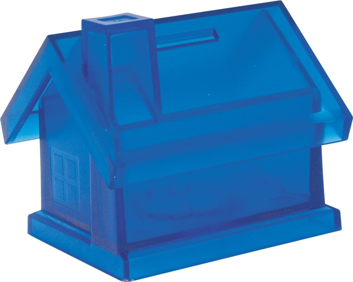 Blue translucent plastic model of a small house with a chimney, slanted roof, and visible window details on one side.