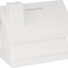 White, house-shaped piggy bank with a slot on the roof for inserting coins. Features a simple design with a chimney and a minimalist profile.