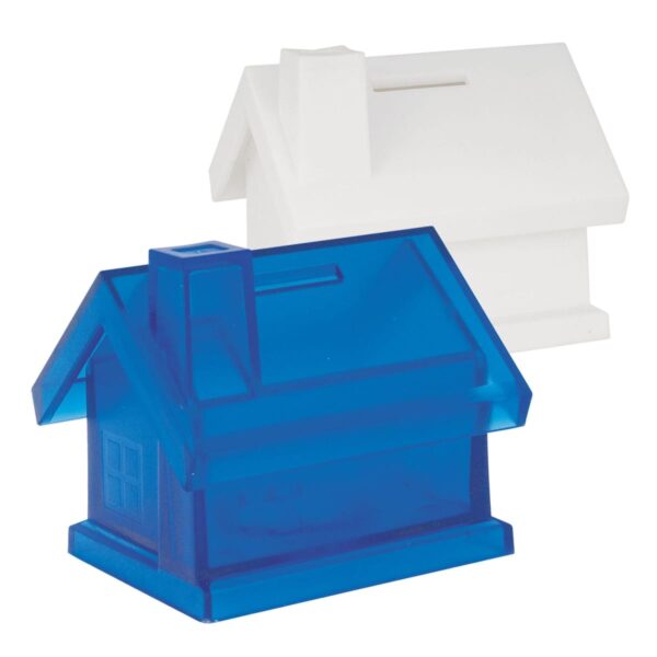 Two house-shaped piggy banks are shown. One is opaque white, and the other is translucent blue. Both have a coin slot on the roof and a simplified design resembling a small house.