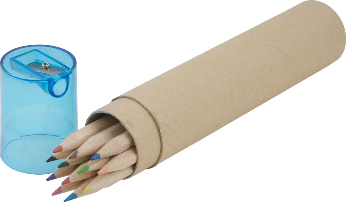 A set of colored pencils with natural wood finishes is partially visible in a cardboard tube. Next to the tube is a small blue plastic pencil sharpener with a clear casing.