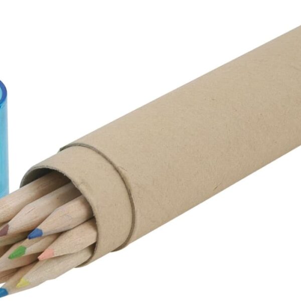 A set of colored pencils partially pulled out from a brown cardboard tube. The pencil tips display a variety of colors. Next to the tube is a transparent blue pencil sharpener with a silver blade.