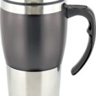 A travel mug with a sleek design. It has a stainless steel bottom and top half, and a black center. The mug features a black handle and a stainless steel band near the lid.