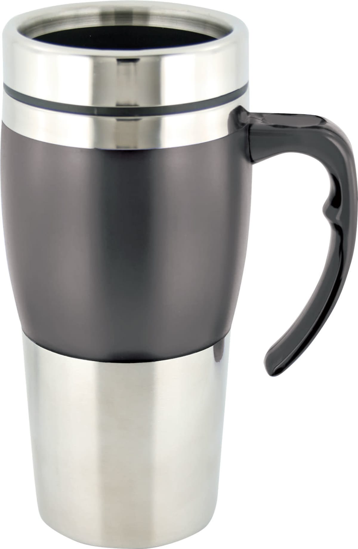 A travel mug with a sleek design. It has a stainless steel bottom and top half, and a black center. The mug features a black handle and a stainless steel band near the lid.