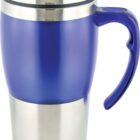 Stainless steel and blue plastic travel mug with a handle. The mug tapers slightly towards the middle and widens at the top where a blue lid fits. The handle is attached to the upper blue plastic part.