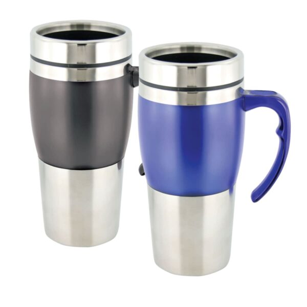 Two travel mugs with stainless steel bottoms and lids. One mug is black with a smooth finish, and the other is blue with a handle. Both have silver tops and appear to be designed for hot beverages.
